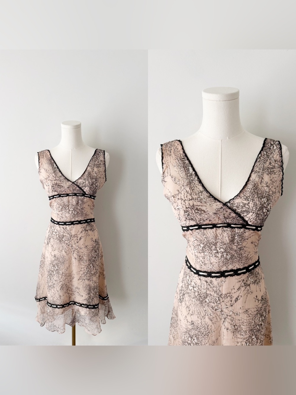 Dainty floral lace BCBGMAXAZRIA 100% silk midi dress.